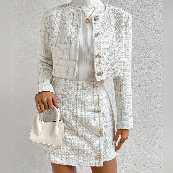 Dresses & Skirts - Plaid Print Crop Jacket & Button Front Skirt